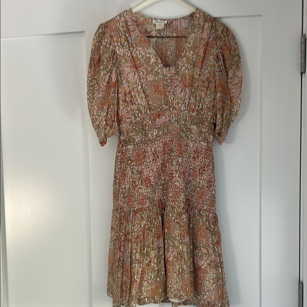 Shoshanna Elegant Tiered Cocktail Dress in soft pinks & orange with gold flecks